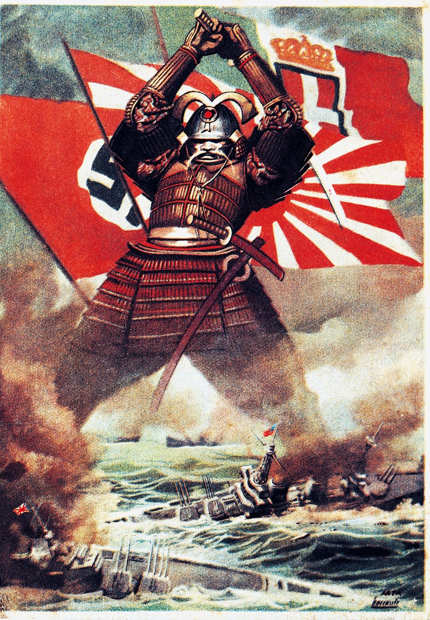 Samurais japoneses afundando a frota americana em Pearl Harbor (7 de Dezembro de 1941), cartaz de Gino Boccasile (1901-1952), Segunda Guerra Mundial, Itália, século XX de Gino Boccasile