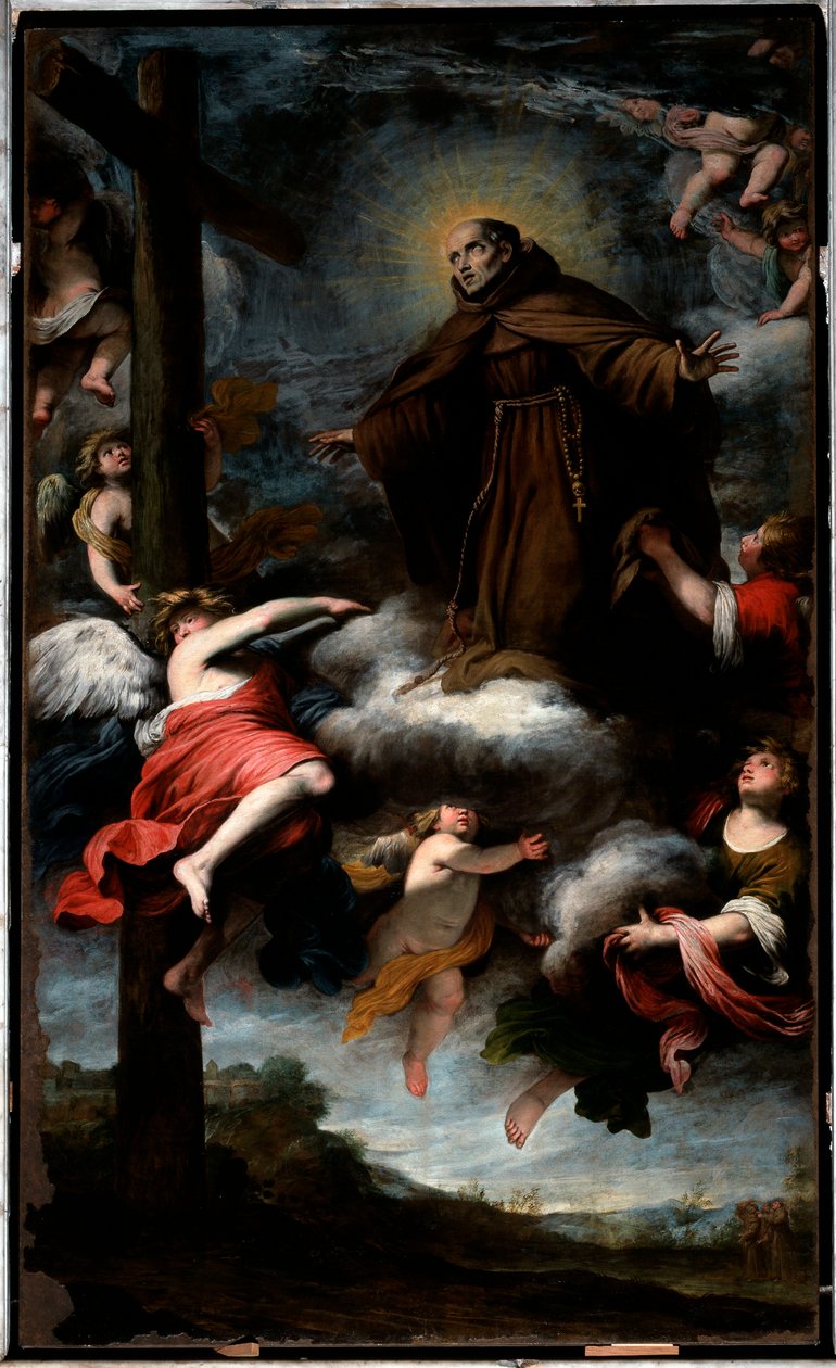 Representação de São Luís de Anjou adorando a cruz (óleo sobre tela de Gio Bernardo Carbone