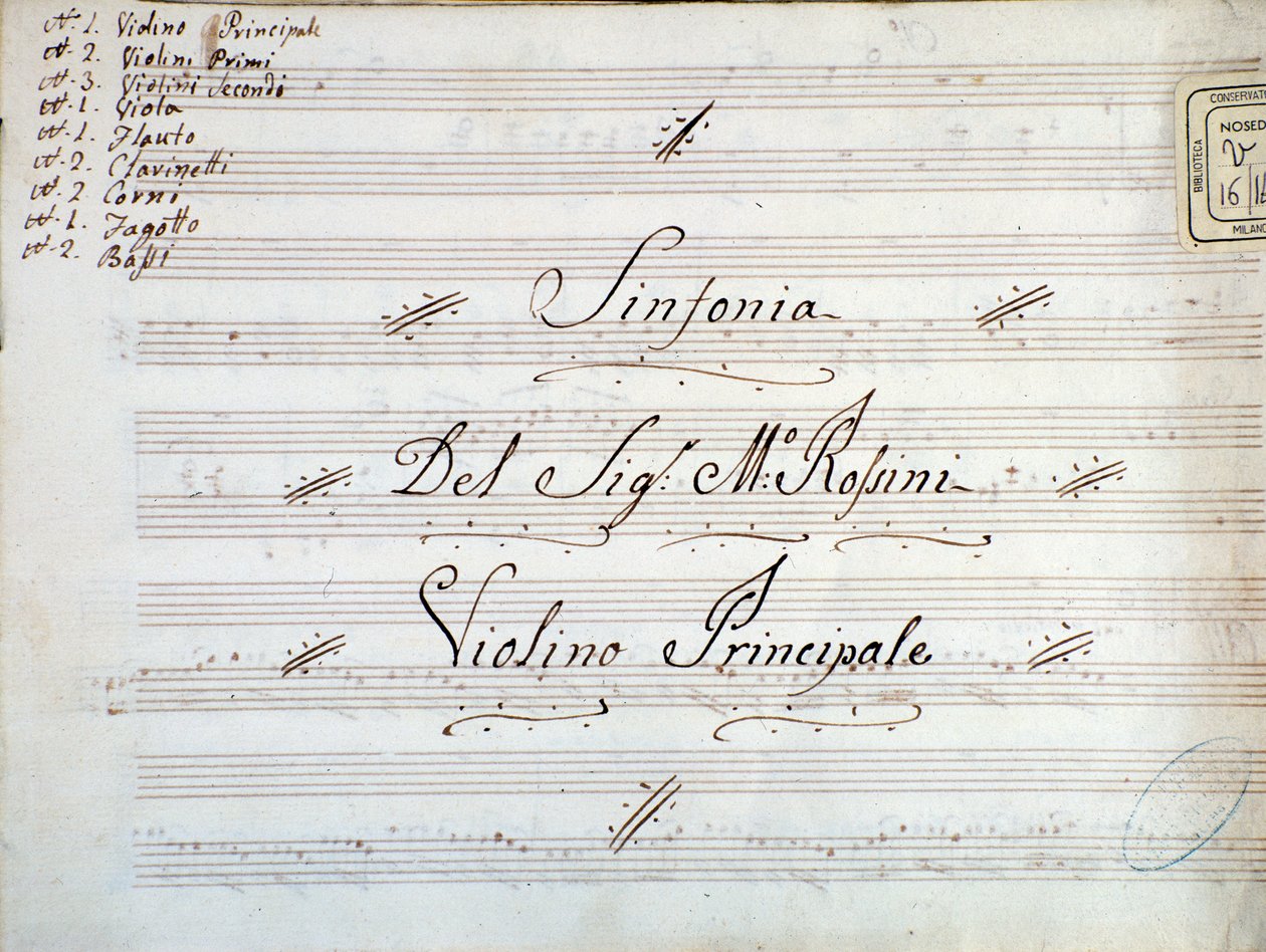 Detalhe da primeira página da partitura de violino para uma sinfonia de Gioacchino Rossini de Gioachino Rossini