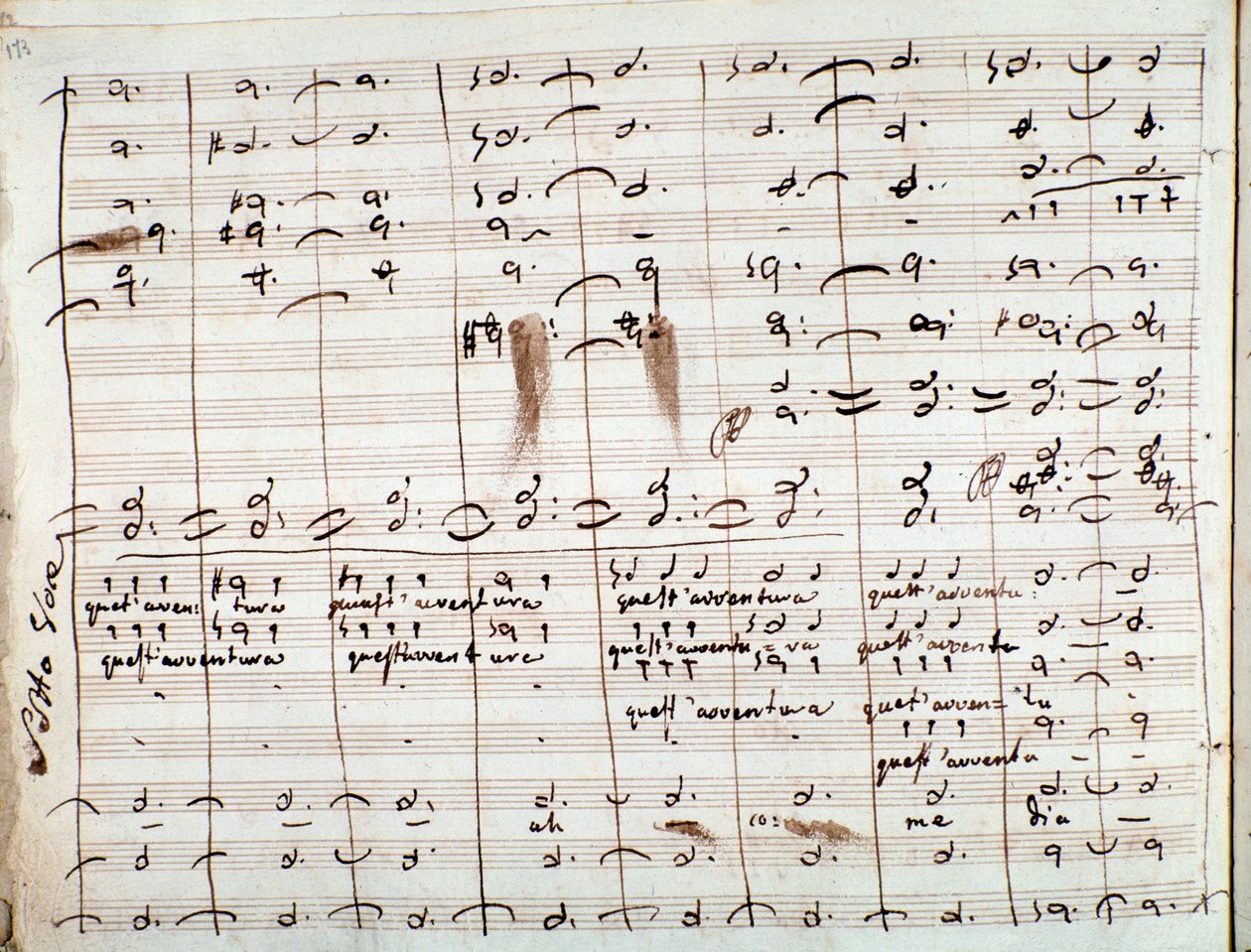Pontuação musical para a ária de Questaventura, no The Barber of Seville (tinta no papel) de Gioachino Rossini