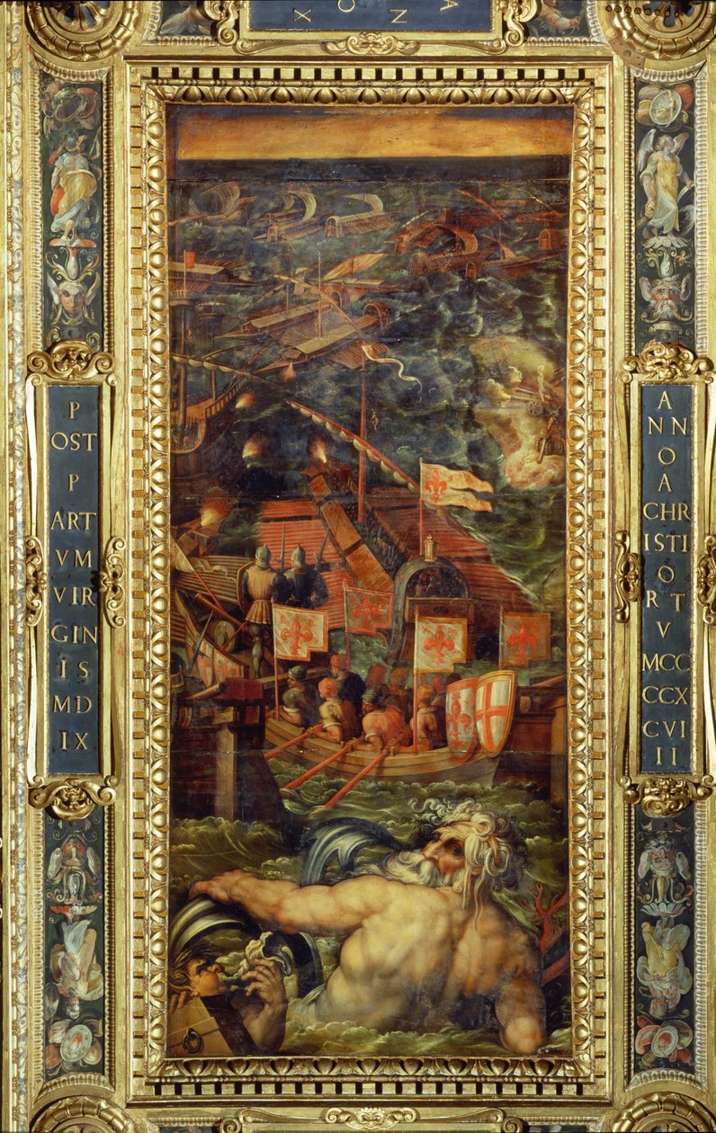 Uma batalha naval entre Florença e Pisa a partir do teto do Salone dei Cinquecento, 1565 (painel) de Giorgio Vasari