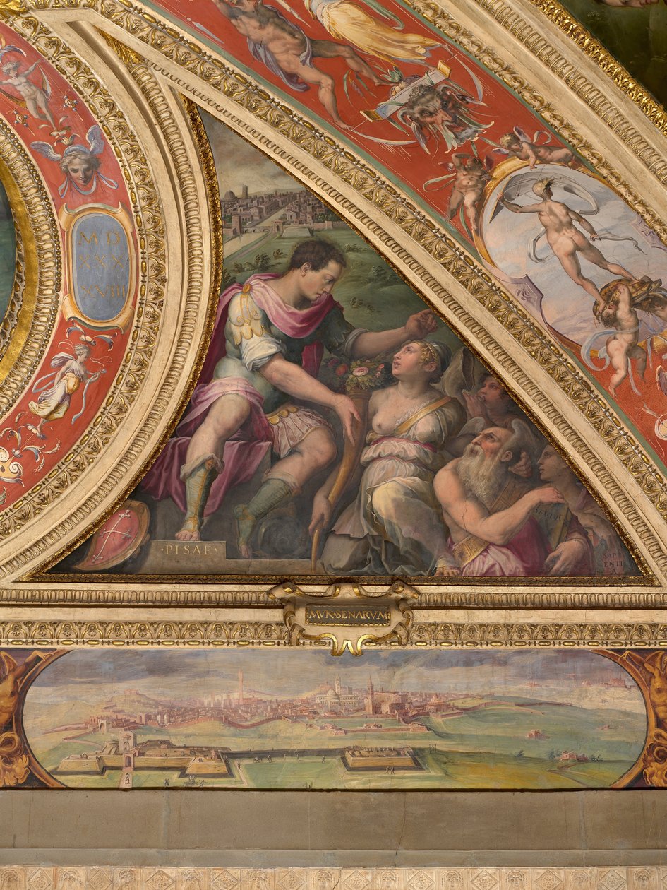 Alegoria de Pisa; para o fundo, vista de Siena de Giorgio Vasari
