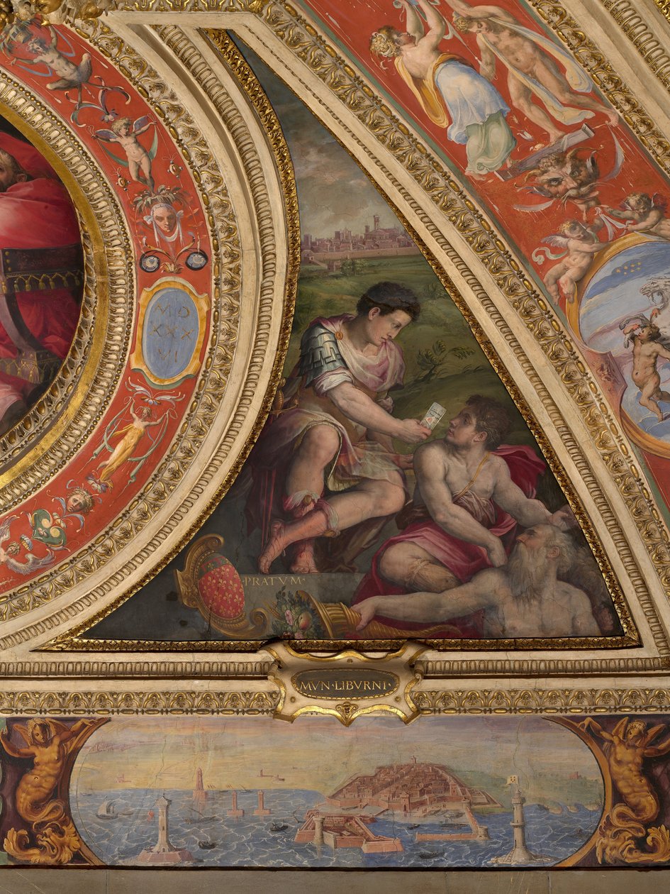 Alegoria de Prato; para o fundo, vista de Livorno de Giorgio Vasari