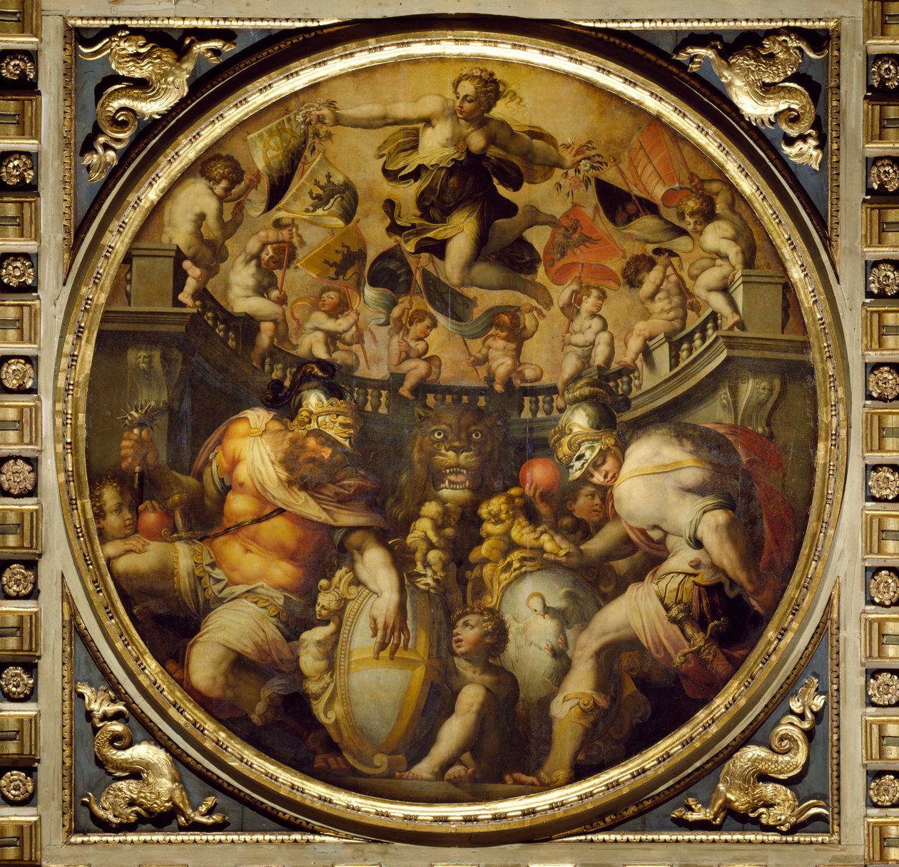 Alegoria dos distritos de Santa Croce e Santo Spirito do teto do Salone dei Cinquecento, 1565 (painel) de Giorgio Vasari