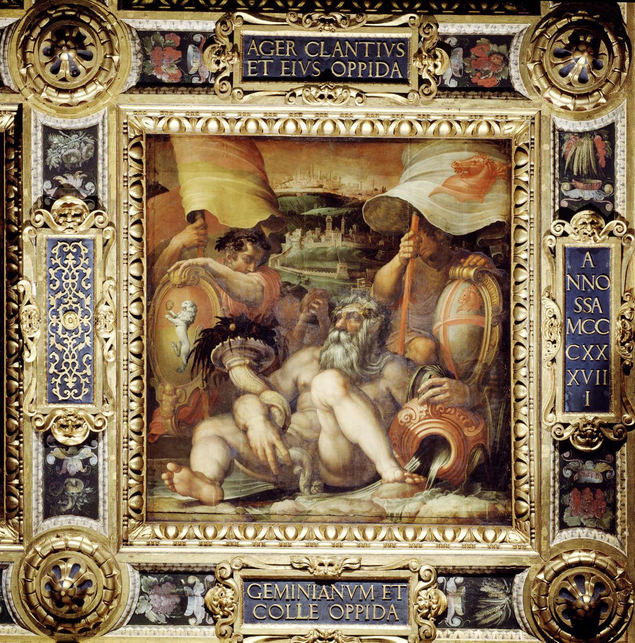 Alegoria das cidades de San Gimignano e Colle Val d&39;Elsa do teto do Salone dei Cinquecento, 1565 (painel) de Giorgio Vasari