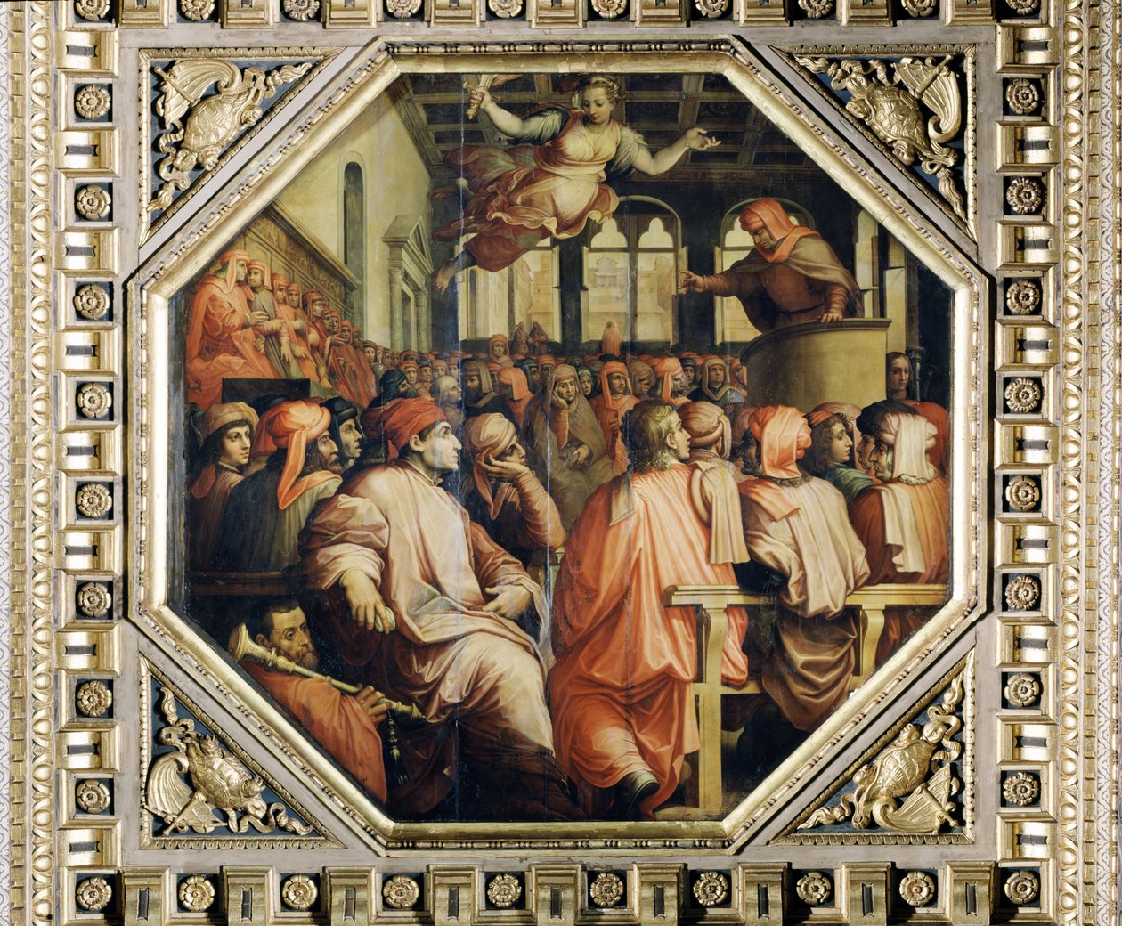 Oração de Antonio Giacomini pela guerra com Pisa desde o teto do Salone dei Cinquecento, 1565 (painel) de Giorgio Vasari