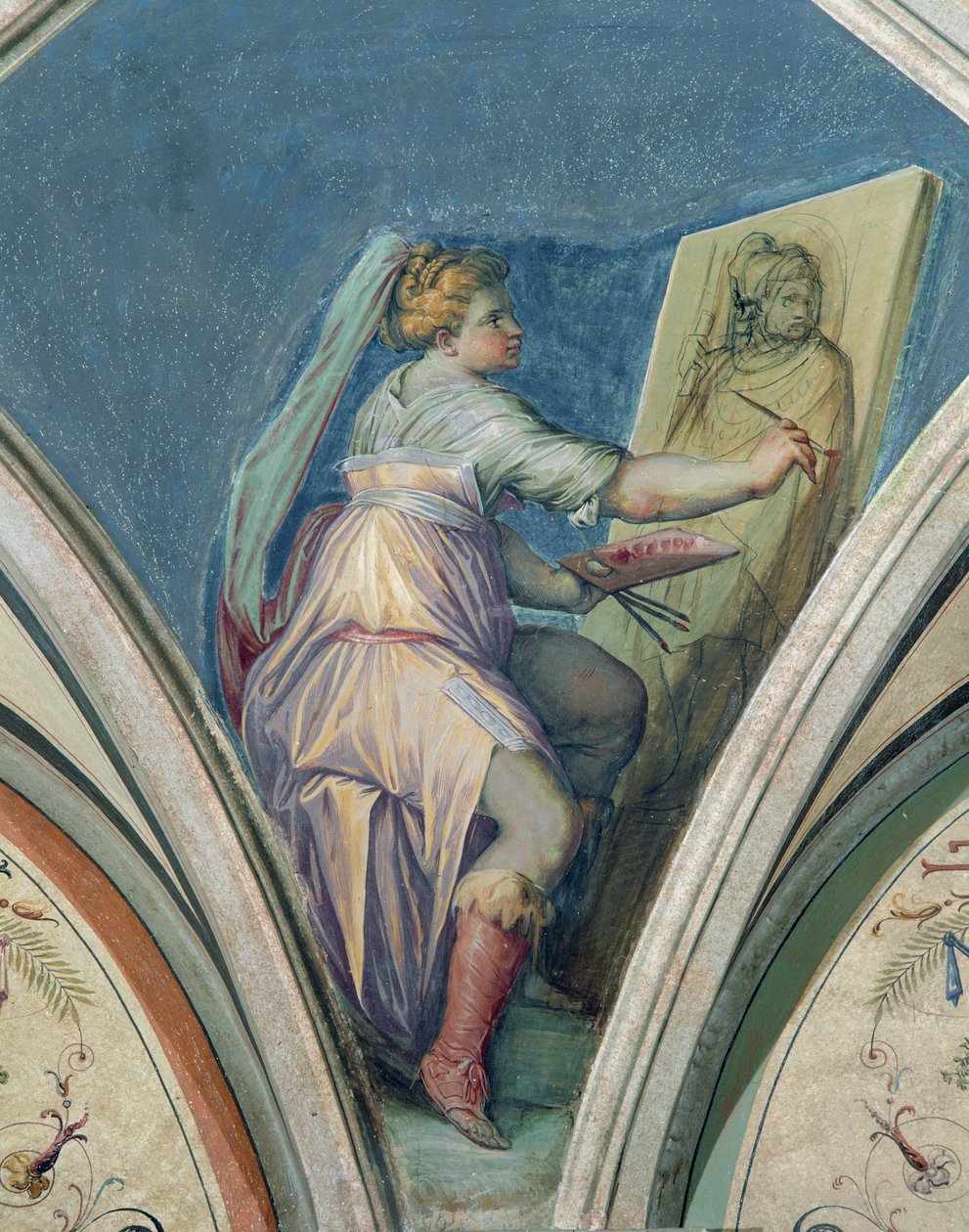 Mulher sentada pintando um retrato de um homem, possivelmente o artista, da Câmara della Fama e delle Arti (Hall of Fame e das Artes) 1542 de Giorgio Vasari