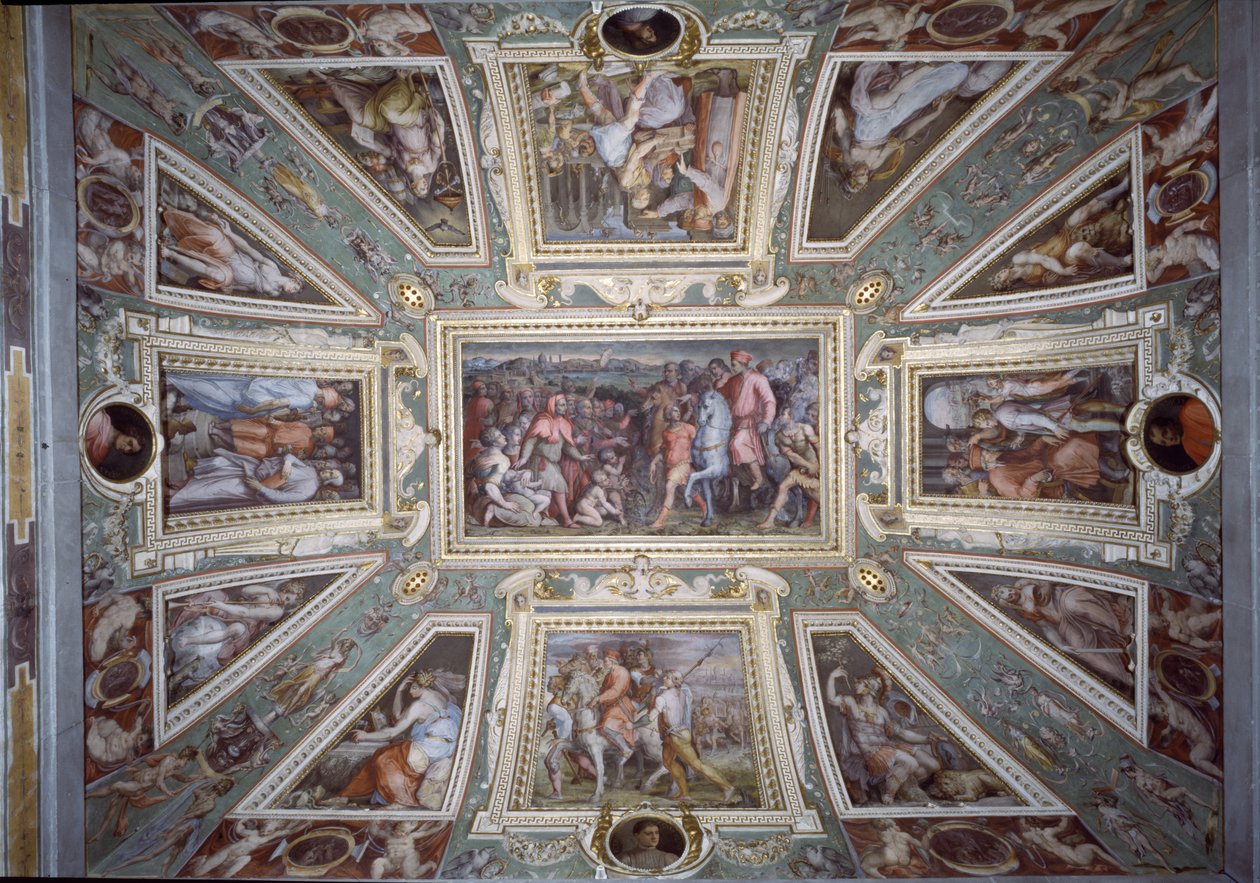 O teto da sala de Cosimo Il Vecchio mostrando Cosimo de &39;Medici (1389-1464) retornando do exílio em 1434, c.1560 de Giorgio Vasari