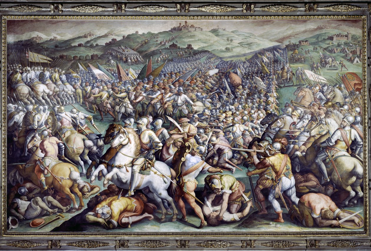 Batalha de Scannagallo em Valdichiana (Val di Chiana). Fresco de Giorgio Vasari e do seu atelier (1511-1574). Palazzo Vecchio (Salão do Cinquecento) de Giorgio (and workshop) Vasari