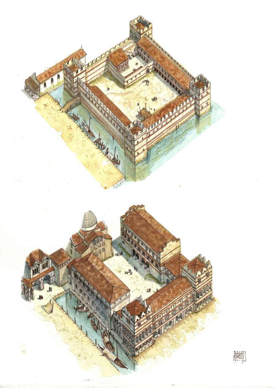 Vista aérea das fases de construção do Palácio Ducal (ou Palácio Ducal ou Palazzo Ducale) na Praça de São Marcos, em Veneza, nos séculos VII e XII. Itália de Giorgio Albertini