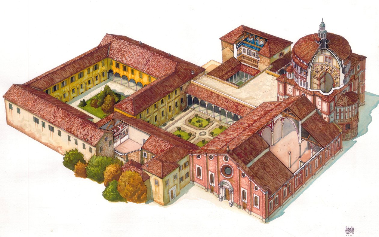 Vista aérea da igreja de Santa Maria delle Grazie, fundada em 1463 pelos dominicanos, em Milão, Itália. No refeitório é visível a Cena de Leonardo de Vinci (Cenacolo). de Giorgio Albertini