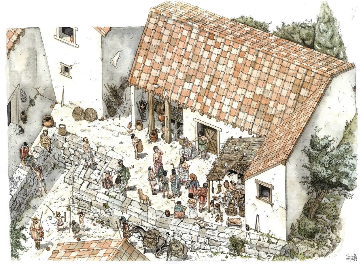 Grécia Antiga: reconstituição da loja de um sapateiro em Atenas, no século V a.C.: o filósofo Sócrates é aí representado em discussão com os seus concidadãos. Grécia Ilustração de Giorgio Albertini. (O uso da palavra deste autor é de de Giorgio Albertini