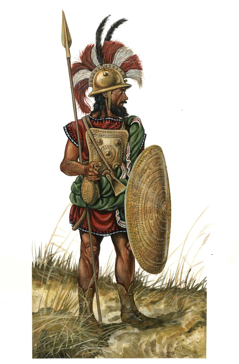 Roma antiga (arcaico 753-530 a.C.): representação de uma arma guerreira, capacete, escudo, lança (período monárquico do século VIII a.C.) de Giorgio Albertini