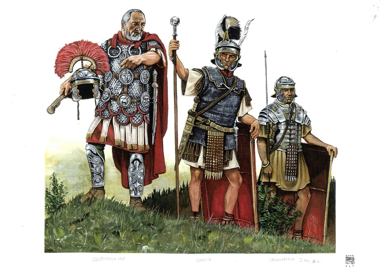 Roma antiga: um centurião, um optio (mensageiro entre centuriões e decuriões) e um legionário. Século II de Giorgio Albertini