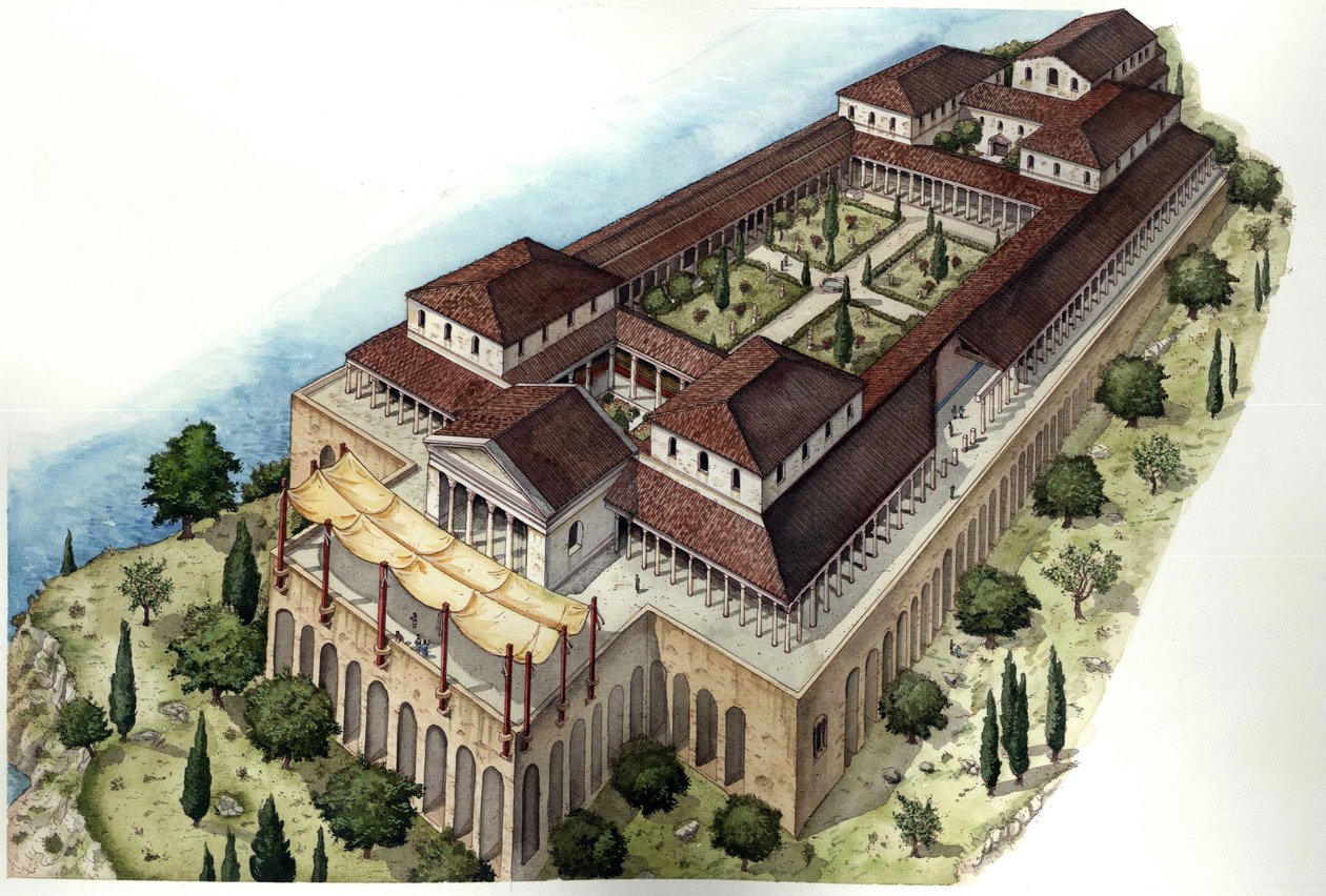 Roma antiga: reconstituição da villa romana Catulle ou Cave di Catullo, residência do poeta latino com o mesmo nome (século I a.C.), situada nos arredores de Sirmione, na margem meridional do lago de Garda. Itália. de Giorgio Albertini