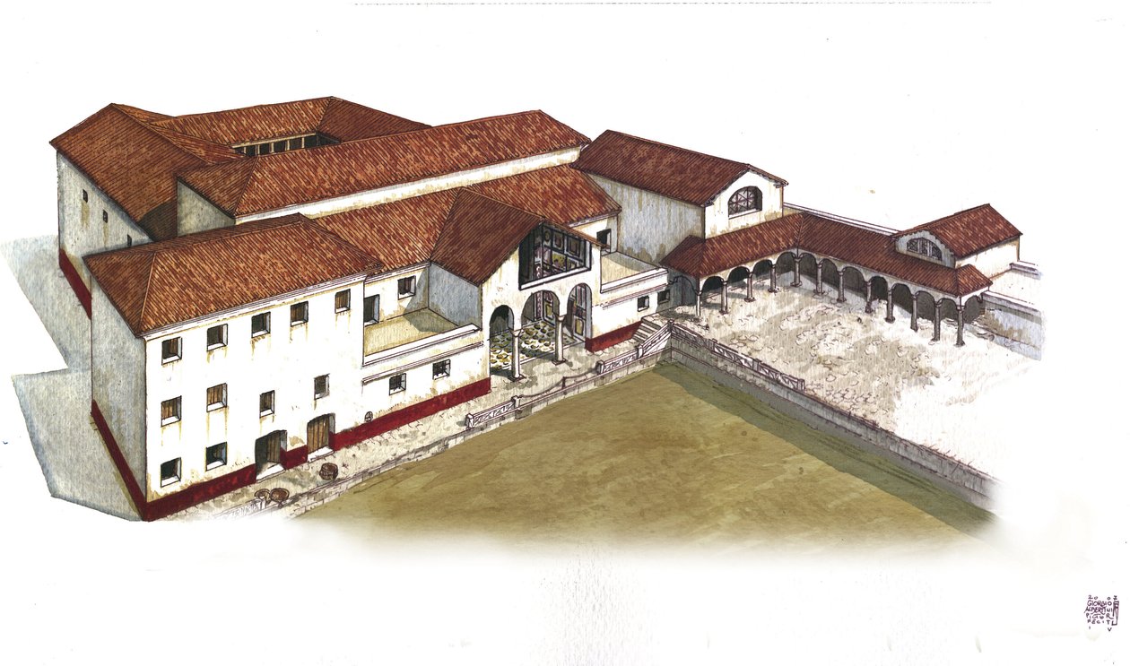 Roma Antiga: reconstituição da Villa dos Leões (Casa ou domus dei Leoni) em Ostia Antica (Ostia), século III a.C. Itália Ilustração de Giorgio Albertini. (A utilização das obras deste autor não está sujeita a um pedido de autorização por parte de um tercei de Giorgio Albertini