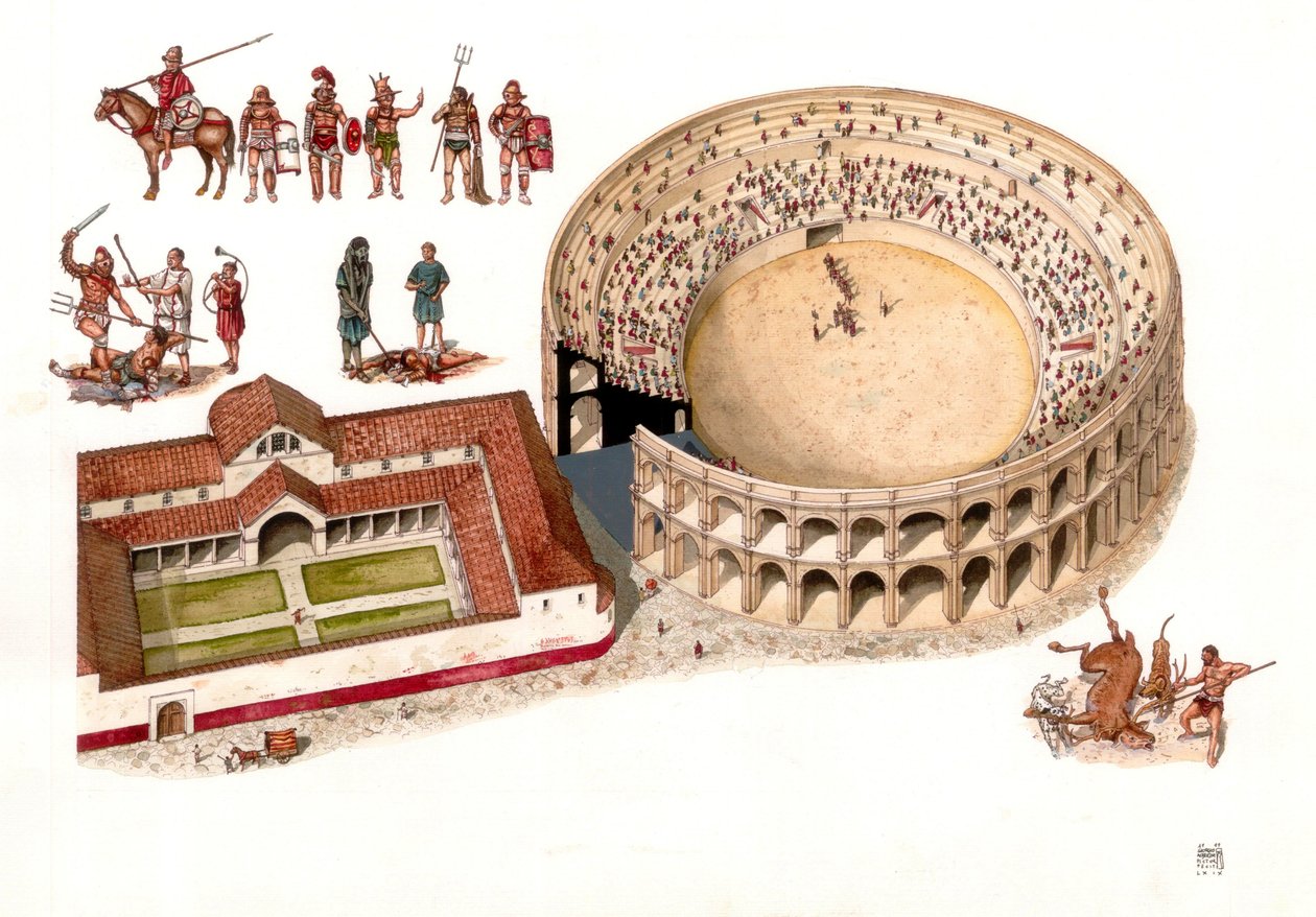Roma Antiga: reconstituição do anfiteatro da cidade de Amiternum, perto de Aquila, em Abruzzo, Itália. Século I - II d.C. No canto superior esquerdo, vários trajes de gladiadores e cenas dos combates que tinham lugar na arena. Ilustração de Gior de Giorgio Albertini