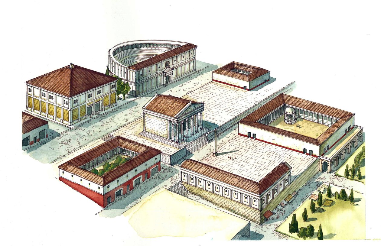 Roma Antiga: reconstituição do centro da cidade de Nápoles com o anfiteatro, o templo. Itália de Giorgio Albertini