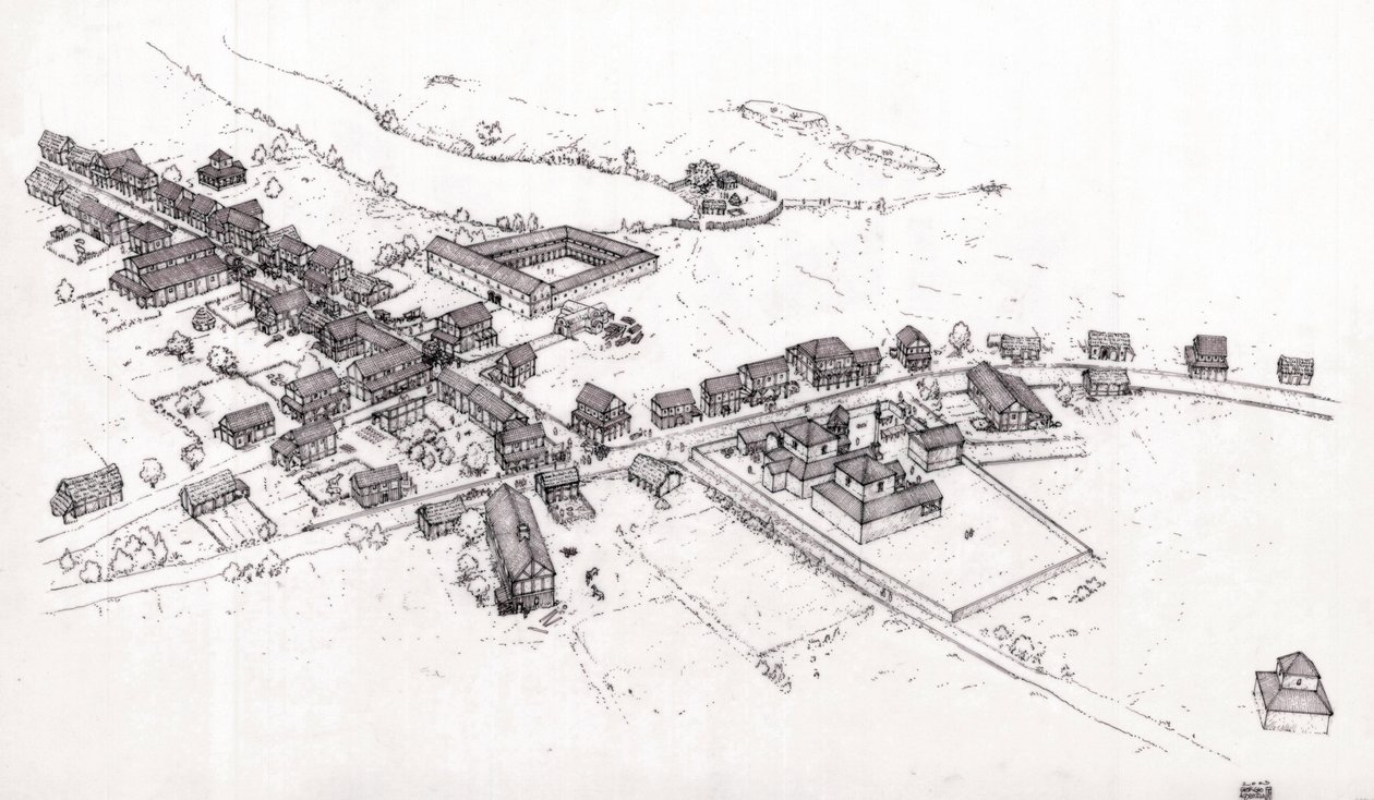 Roma antiga: reconstrução de uma aldeia da Bretanha romana (Britannia ou ilha da Bretanha) no século II. Ilustração de Giorgio Albertini. (A utilização das obras deste autor não está sujeita a um pedido de autorização de terceiros nem à autorização da Comi de Giorgio Albertini