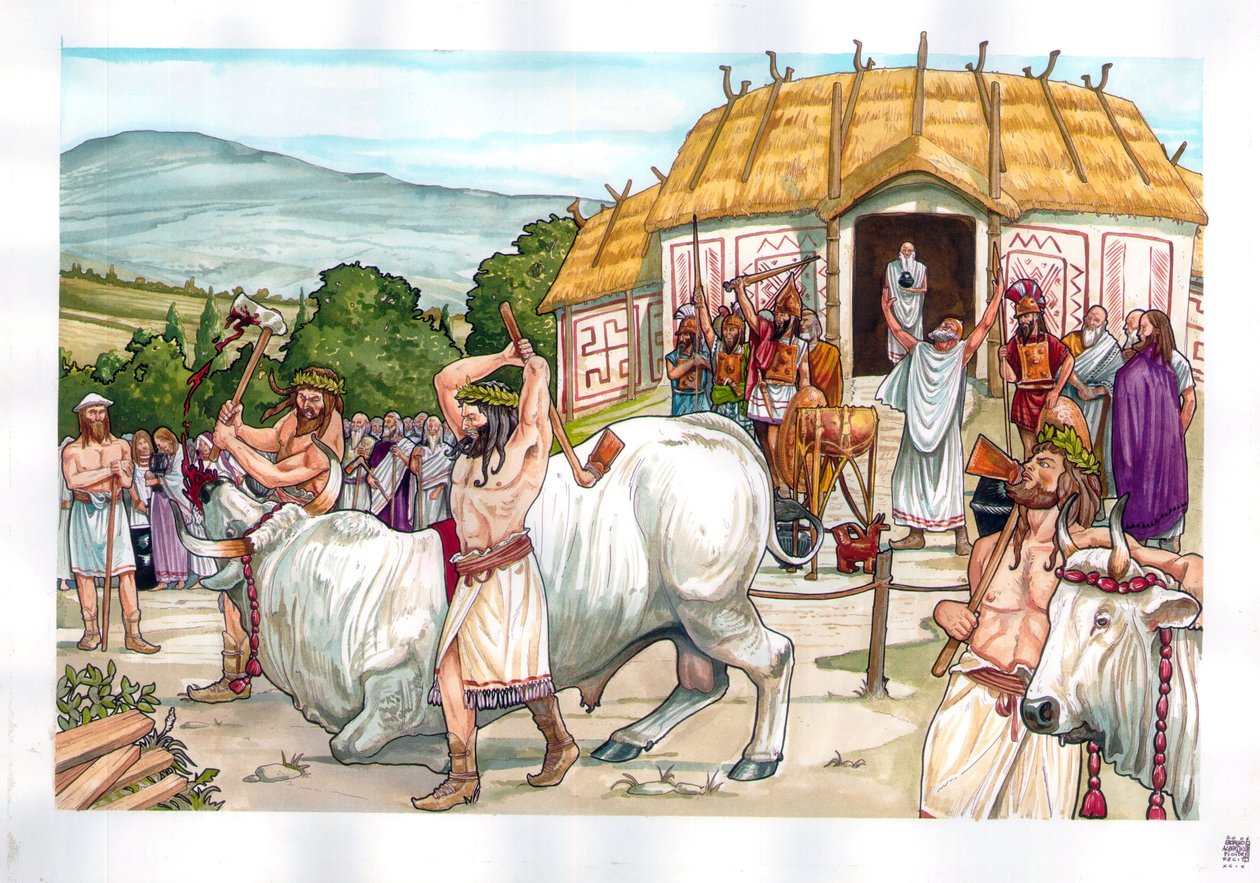 Roma Antiga: cerimónia de sacrifício no templo de Júpiter no Monte Albain (Albanus mons ou Monte Albano), perto de Roma, Itália. de Giorgio Albertini