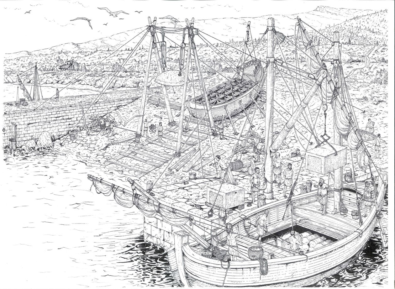 Antiguidade: o transporte por navio de mármore, provavelmente das pedreiras de Carrara (Carrara). Século II depois de JC Itália Ilustração de Giorgio Albertini. (A utilização das obras deste autor não está sujeita a um pedido de autorização de terceiros de Giorgio Albertini