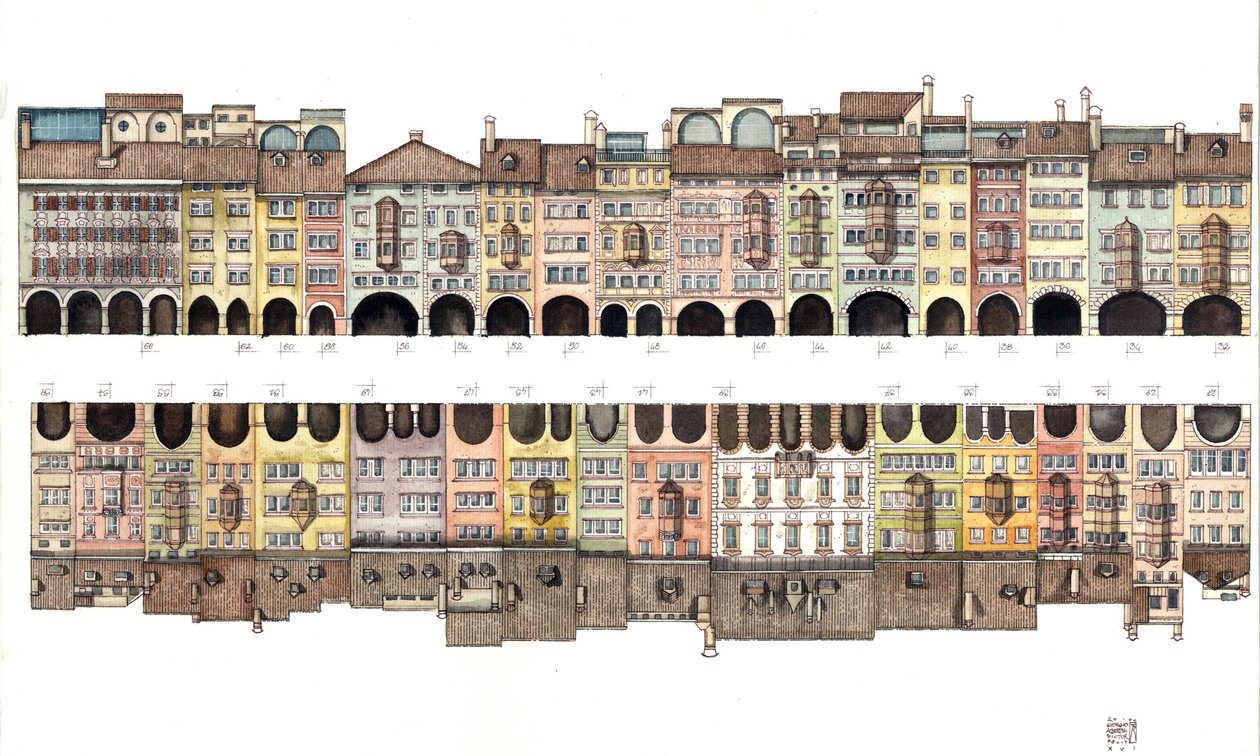 Arquitetura: vista plana da Via dei Portici, galeria coberta com pórtico, juntamente com casas coloridas, da cidade de Bolzano, Itália Ilustração de Giorgio Albertini. (A utilização das obras deste autor não está sujeita a um pedido de autorização de de Giorgio Albertini