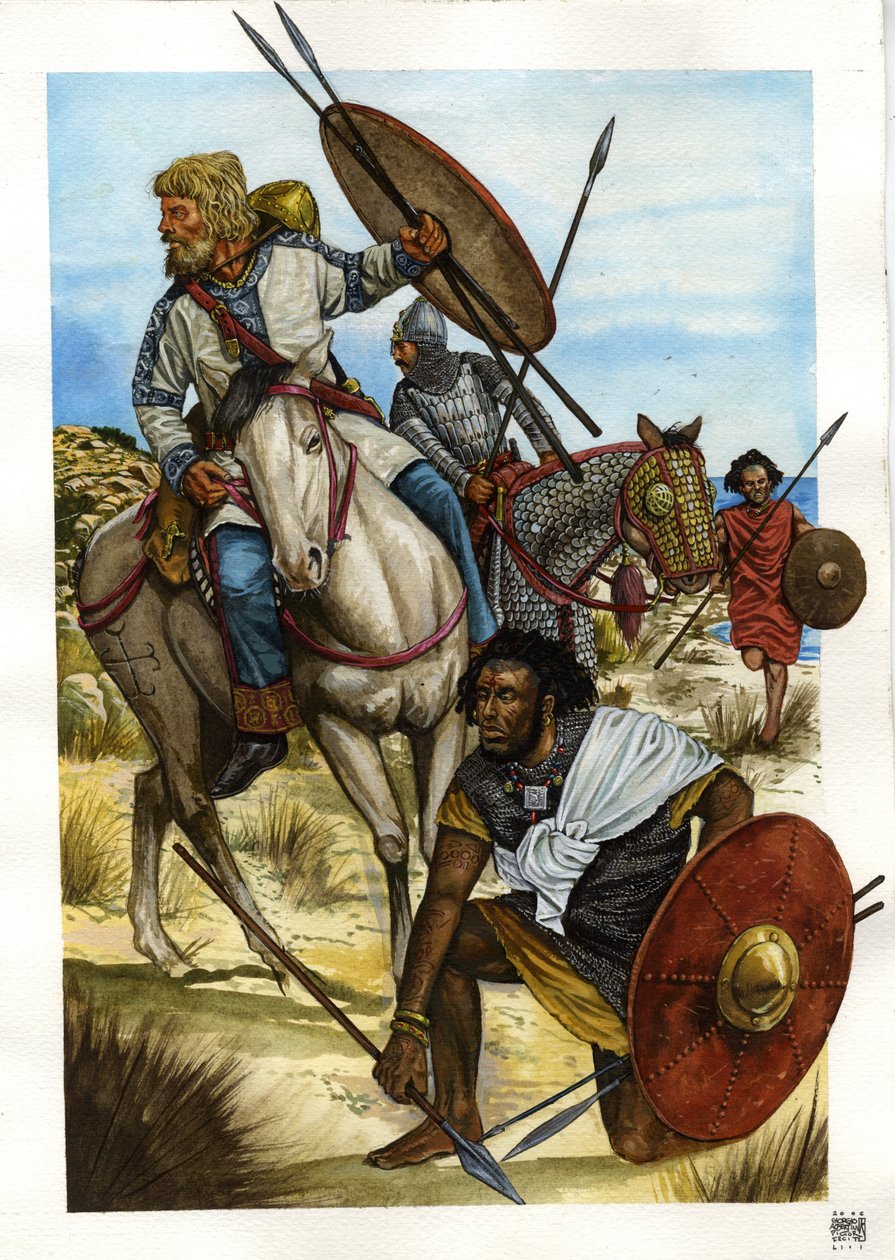 Bárbaros: um guerreiro Alain, um vândalo (loiro a cavalo) e um berbere (soldado alan, vândalo e berbere) de Giorgio Albertini