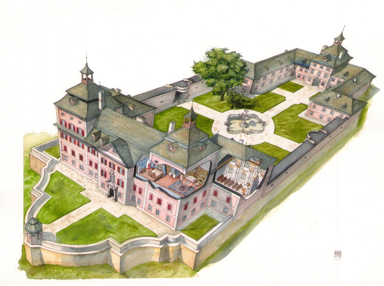 Arquitetura barroca: reconstrução do castelo Wolfsthurn, Mareta, Bolzano, Itália Ilustração de Giorgio Albertini. (A utilização das obras deste autor não está sujeita a um pedido de autorização de terceiros nem ao pagamento de taxas suplementares) de Giorgio Albertini