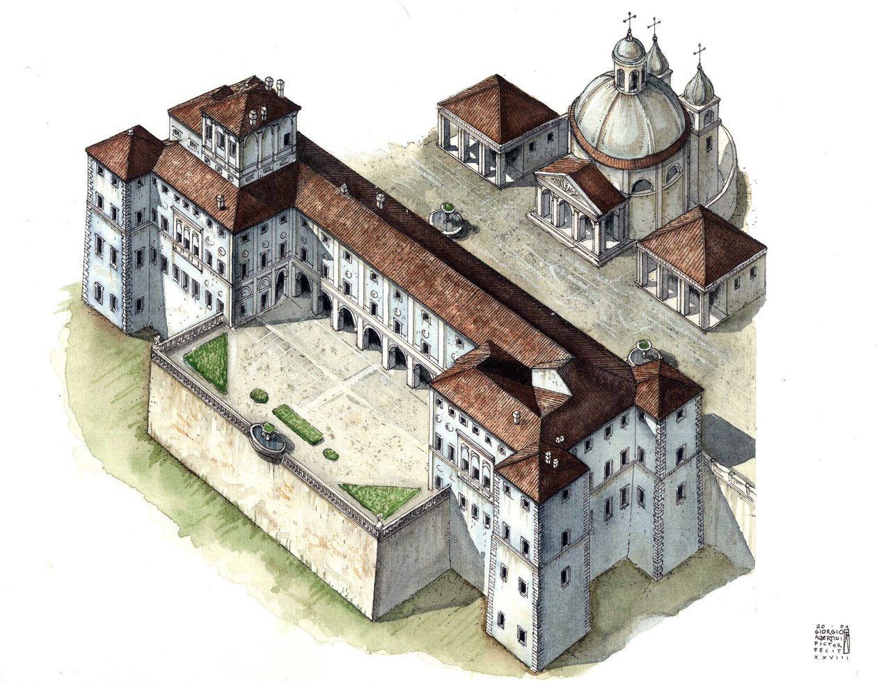 Arte barroca: vista aérea do palácio Chigi a Ariccia, Lácio, no século XVII. Itália de Giorgio Albertini