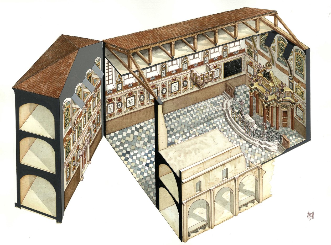 Arte barroca: reconstrução da estrutura arquitetónica da Sinagoga de Casale Monferrato (Casal), perto de Alessandria (Alexandria), Itália. de Giorgio Albertini