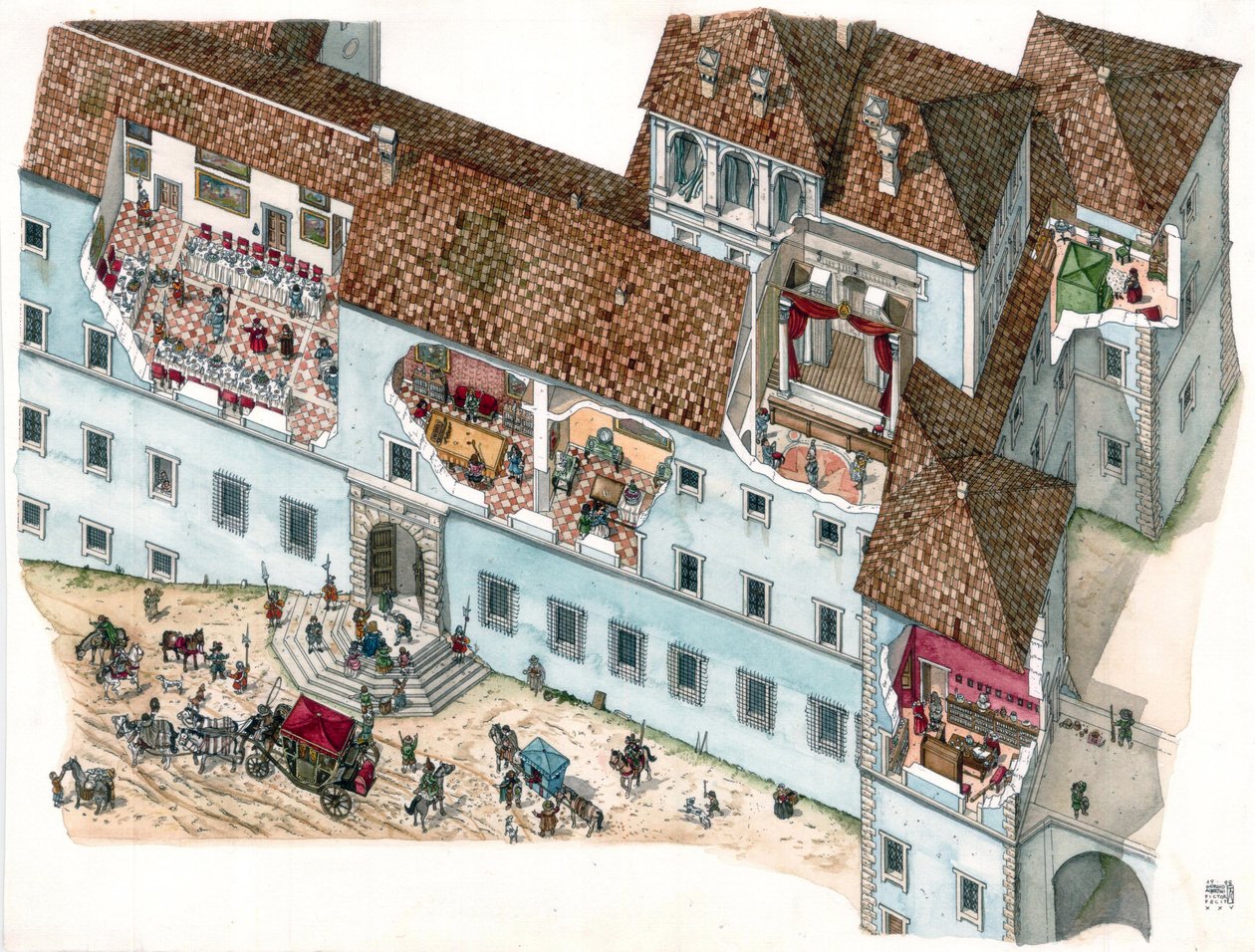 Arte barroca: vista e corte arquitetónico do palácio Chigi a Ariccia, Lácio, no século XVII. O interior dos quartos da família e as dependências dos criados são visíveis. Itália de Giorgio Albertini