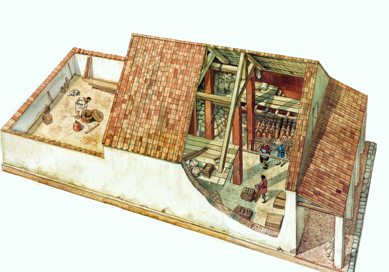Arquitetura bizantina: reconstrução de um armazém de Classe, armazém da zona das docas de Classe, porto da cidade de Ravena (Ravenna) no tempo do imperador Justiniano. Itália Século VII. A secção do edifício permite ver as mercadorias armazenadas. de Giorgio Albertini