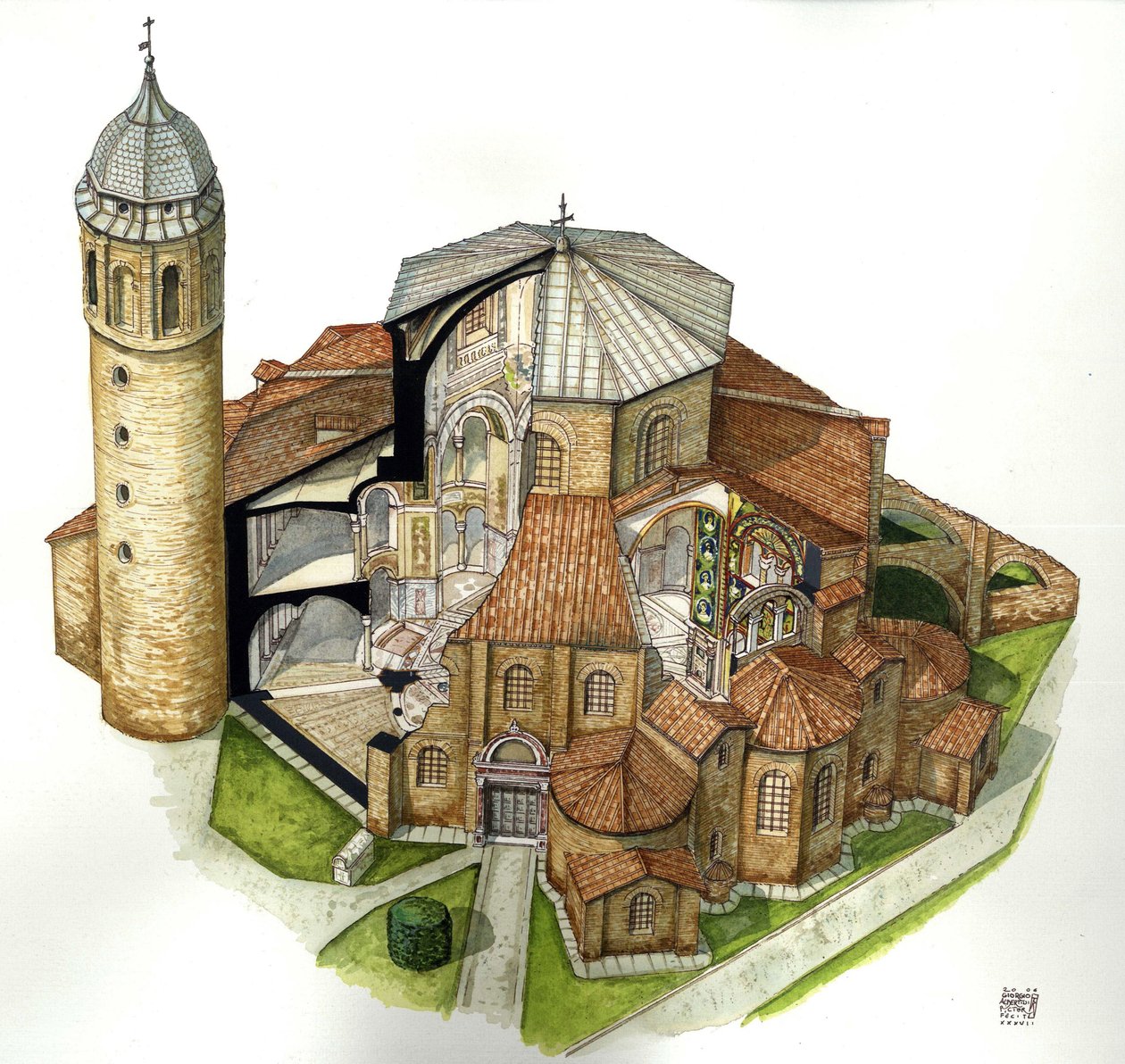 Arte bizantina: representação da Basílica de São Vital (Saint Vital ou San Vitale) em Ravena (Ravenna) no século V. Vista aérea com cortes para ver o interior. Itália Ilustração de Giorgio Albertini. (A utilização das obras deste autor não está sujeita a de Giorgio Albertini