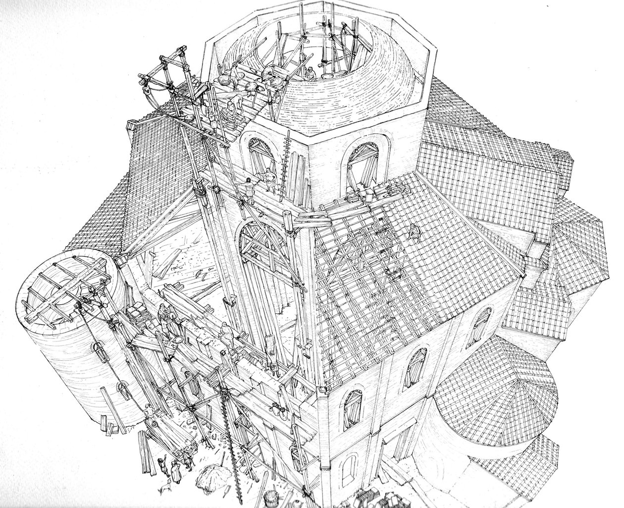 Arte bizantina: representação do estaleiro de construção da Basílica de São Vital (São Vital ou San Vitale) em Ravena, no século V. Vista aérea mostrando os operários nos andaimes a trabalhar na estrutura da cúpula. Itália Ilustração de Giorgi de Giorgio Albertini