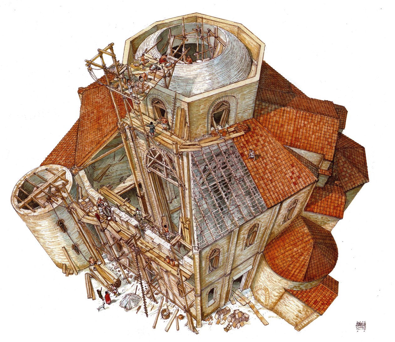 Arte bizantina: representação do estaleiro de construção da Basílica de São Vital (São Vital ou San Vitale) em Ravena, no século V. Vista aérea mostrando os operários nos andaimes a trabalhar na estrutura da cúpula. Itália Ilustração de Giorgi de Giorgio Albertini