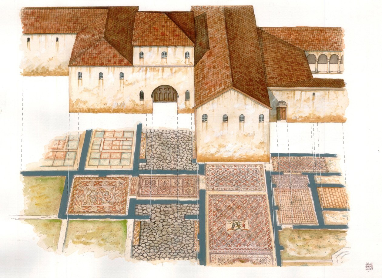 Arte bizantina: vista do sítio Domus dos tapetes de pedra (dei tappeti di pietra) em Ravena (Ravenna) no século VI, composto por mosaico de um palácio bizantino. de Giorgio Albertini