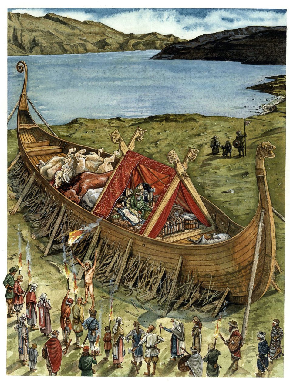 Cerimónia fúnebre entre os Vikings, o defunto é colocado num barco falhado (drakkar) cheio de animais sacrificados e objectos do enxoval fúnebre, à espera de ser incinerado. Século X de Giorgio Albertini