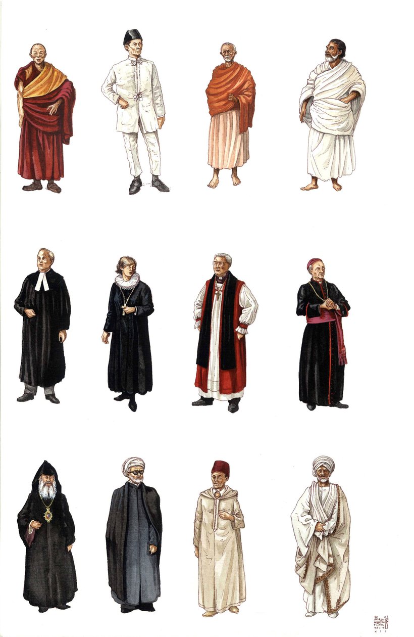 Trajes e vestidos de membros do clero de diferentes religiões, monge budista, ortodoxo, cardeal, pastor protestante. de Giorgio Albertini