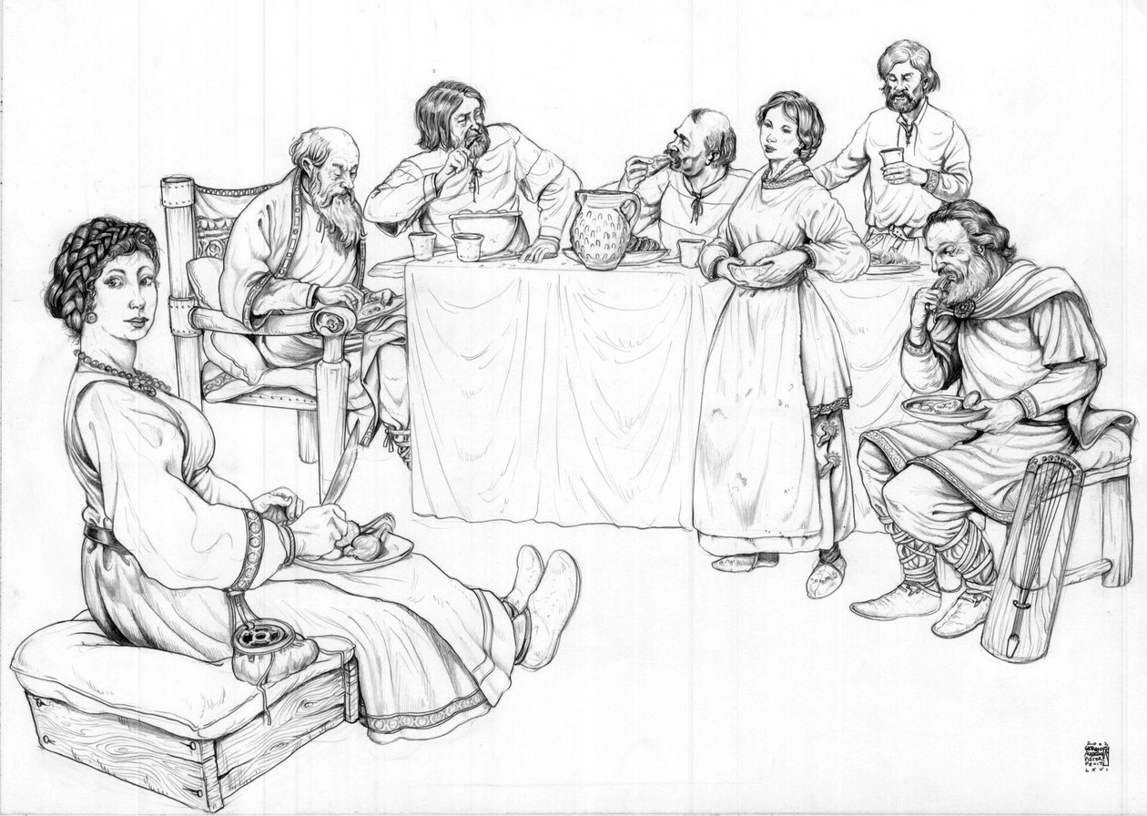 Vida quotidiana na Idade Média: uma refeição com os Lombardos, grupo de homens servidos por duas mulheres, século VII. de Giorgio Albertini