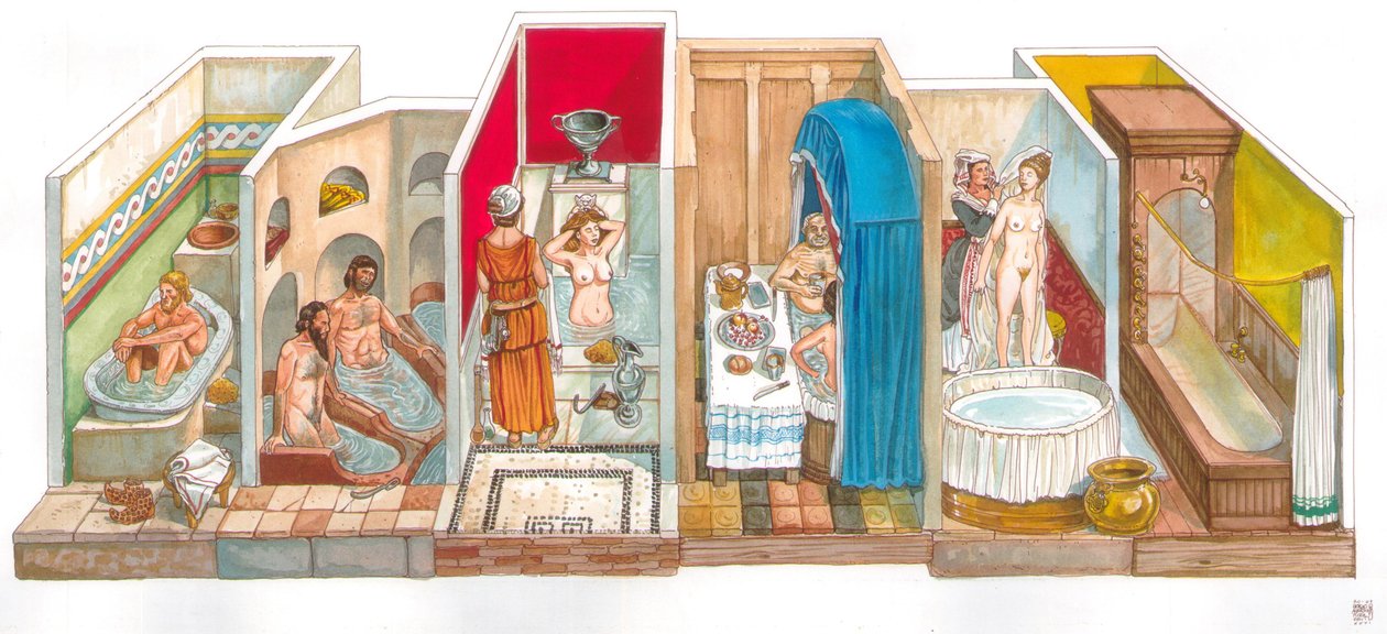 Vida quotidiana: evolução dos sistemas sanitários e da higiene: quadro representando banhos, banhos, banheiras, sanitários da antiguidade aos tempos modernos. de Giorgio Albertini