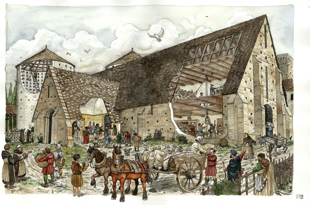 Entrega de géneros alimentícios, alimentos, provisões no celeiro de uma abadia francesa do século XIV, cortes da estrutura dos edifícios da abadia que permitem ver as actividades e o interior dos armazéns de Giorgio Albertini