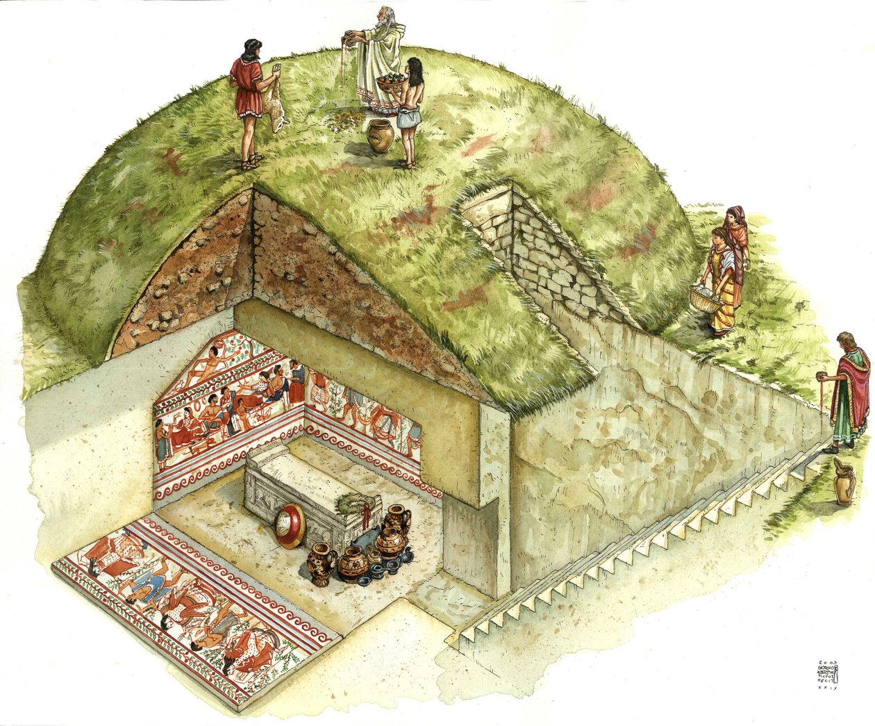 Civilização etrusca: reconstrução e recorte do túmulo de Triclinio (triclinium), necrópole de Tarquínia. Século V a.C. Itália Ilustração de Giorgio Albertini. de Giorgio Albertini