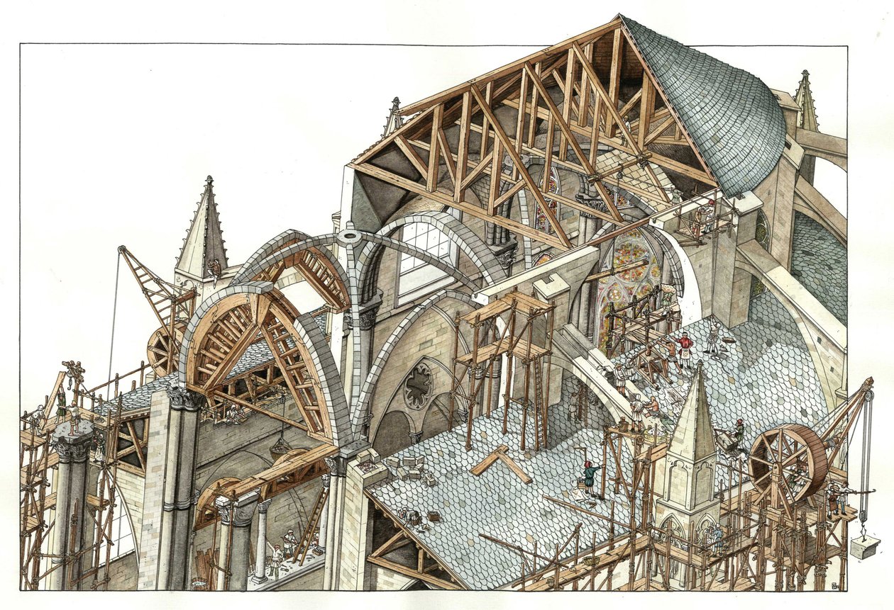 Arte gótica: reconstrução do estaleiro de construção de uma catedral gótica, os trabalhadores sobem em andaimes e utilizam roldanas. Século XIII Ilustração de Giorgio Albertini. (A utilização das obras deste autor não está sujeita a um pedido de autorizaçã de Giorgio Albertini