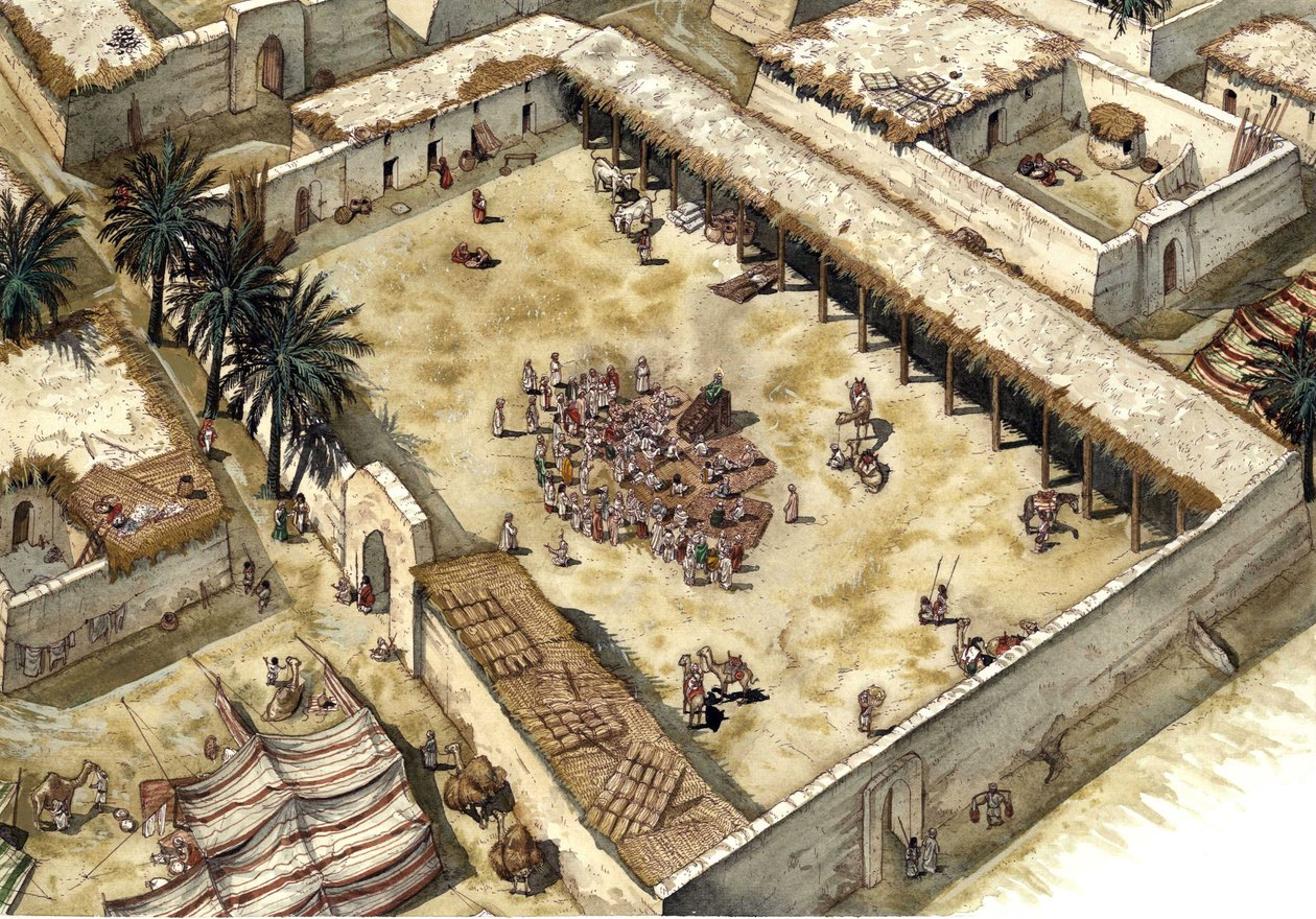 O Islão: A casa do Profeta Maomé (Muhammad ou Muhammad) (570-632) após a sua chegada a Medina em 622, acompanhando os primeiros muçulmanos (Hegira), Arábia Saudita O profeta é visível, com o rosto coberto. Ilustração de Giorgio Albertini. (A utilização do de Giorgio Albertini