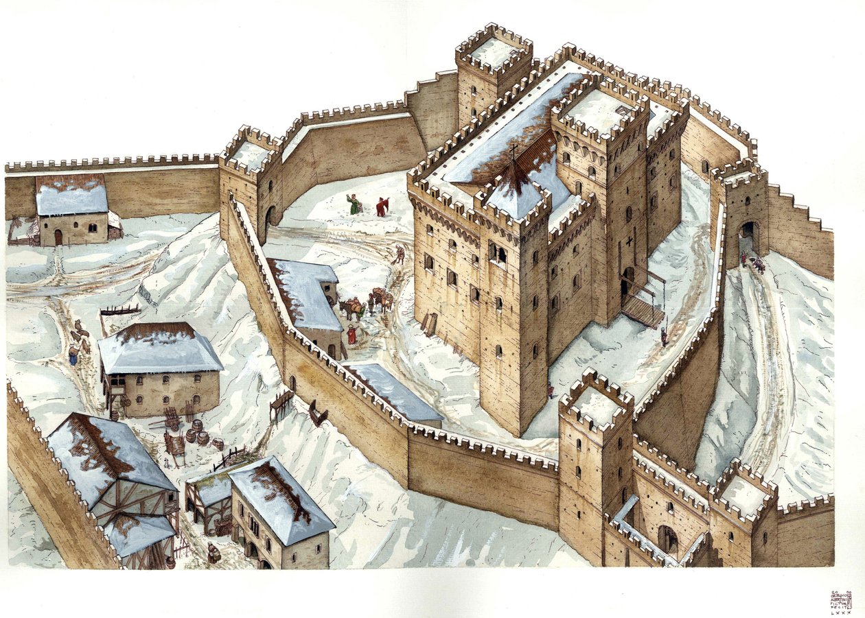 Arquitetura medieval: reconstrução do castelo da cidade de Udine no século XIV. Itália Ilustração de Giorgio Albertini. (A utilização das obras deste autor não está sujeita a um pedido de autorização de terceiros nem ao pagamento de uma taxa de utilização) de Giorgio Albertini
