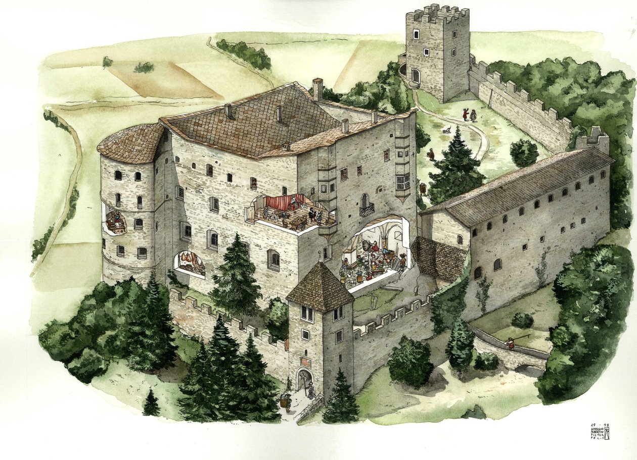 Arquitetura medieval: vista do castelo de Pergine, com cortes que permitem ver a vida dos habitantes nas salas do castelo no século XVI. Pergine Valsugana, Trento, Itália Ilustração de Giorgio Albertini. (A utilização das obras deste autor de Giorgio Albertini