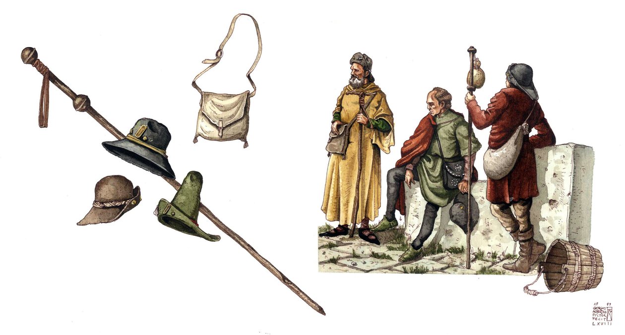 Moda medieval: traje pelerano entre os séculos XII e XIV, bolsa, chapéus, bengala, túnicas. de Giorgio Albertini