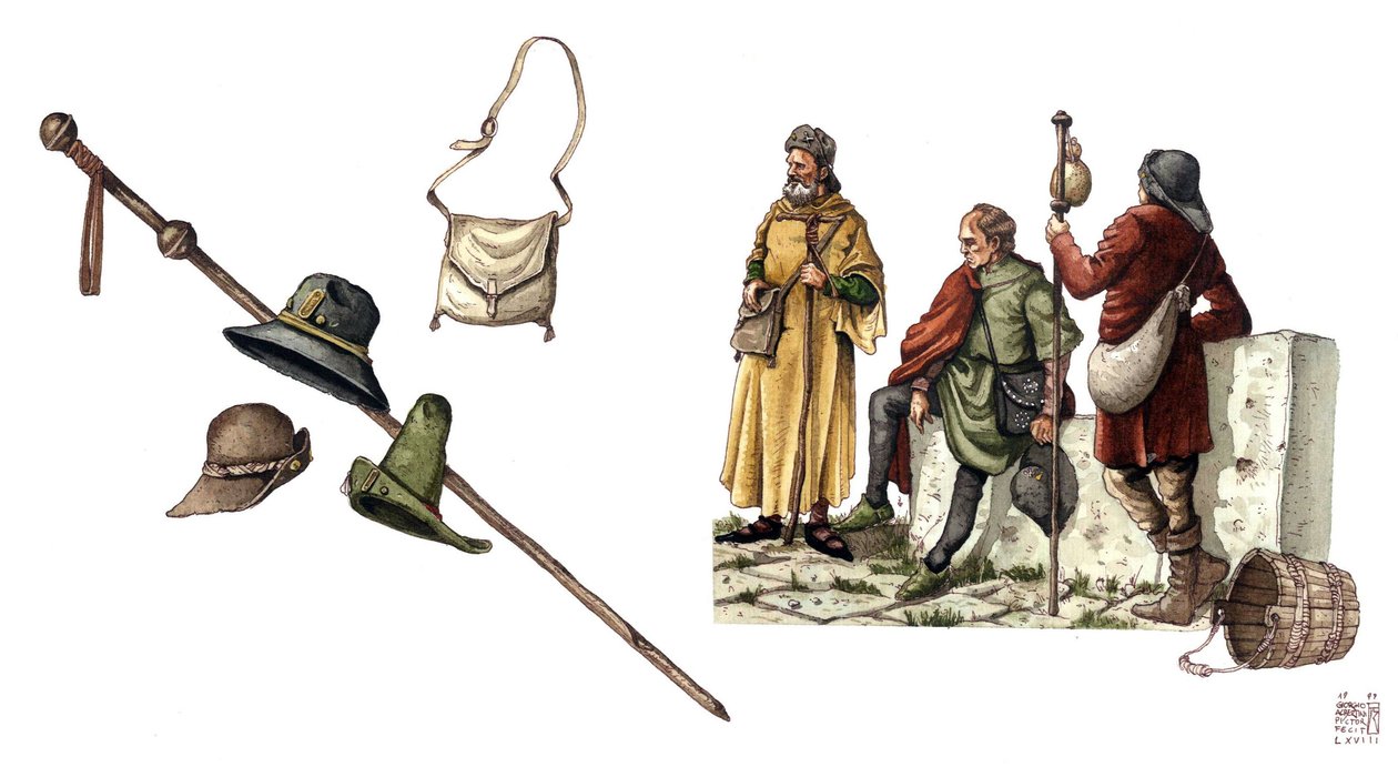 Moda medieval: traje pelerano entre os séculos XII e XIV, bolsa, chapéus, bengala, túnicas. de Giorgio Albertini