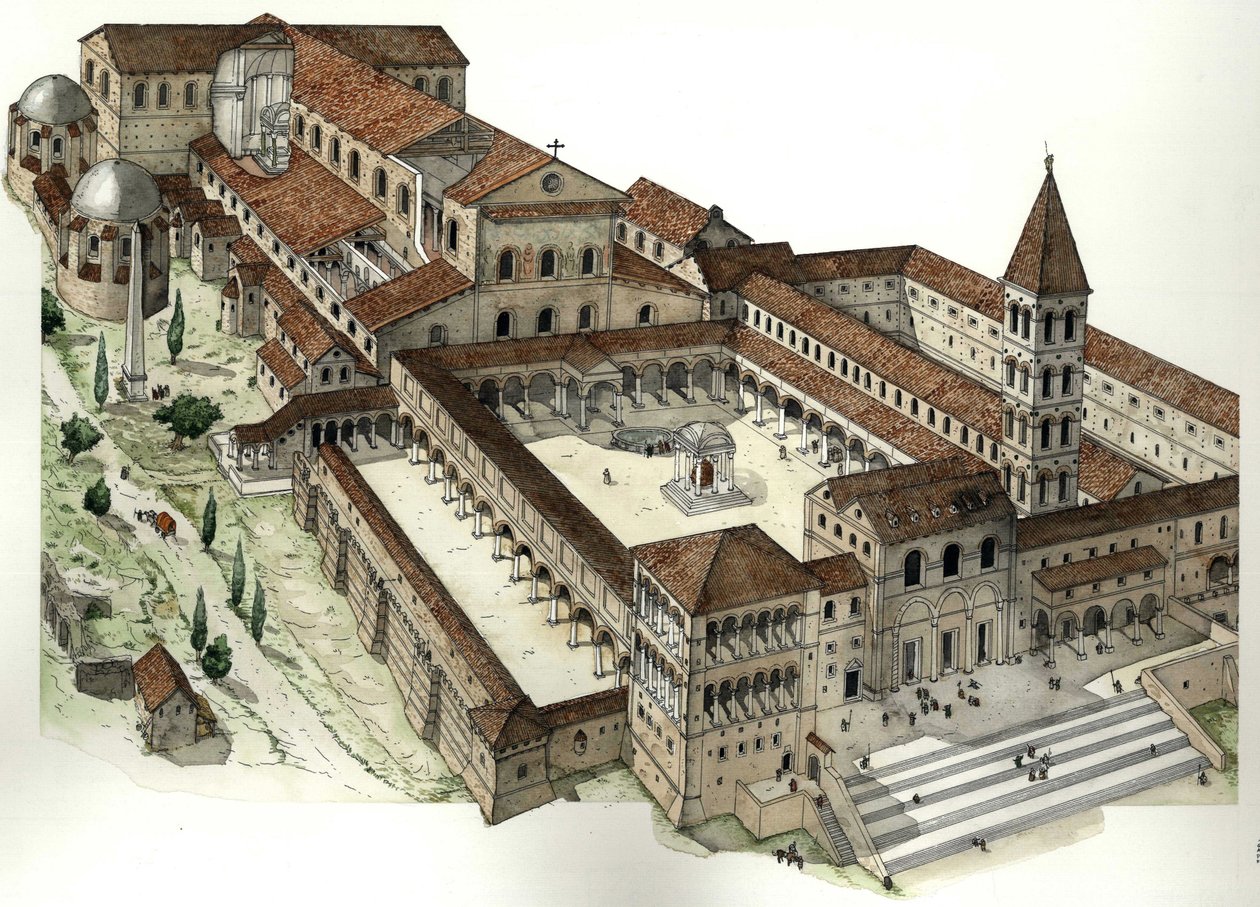 Idade Média: Antiga basílica de São Pedro em Roma (Basílica de San Pietro ou Basílica de Constantino) ca 1300, Roma Itália de Giorgio Albertini