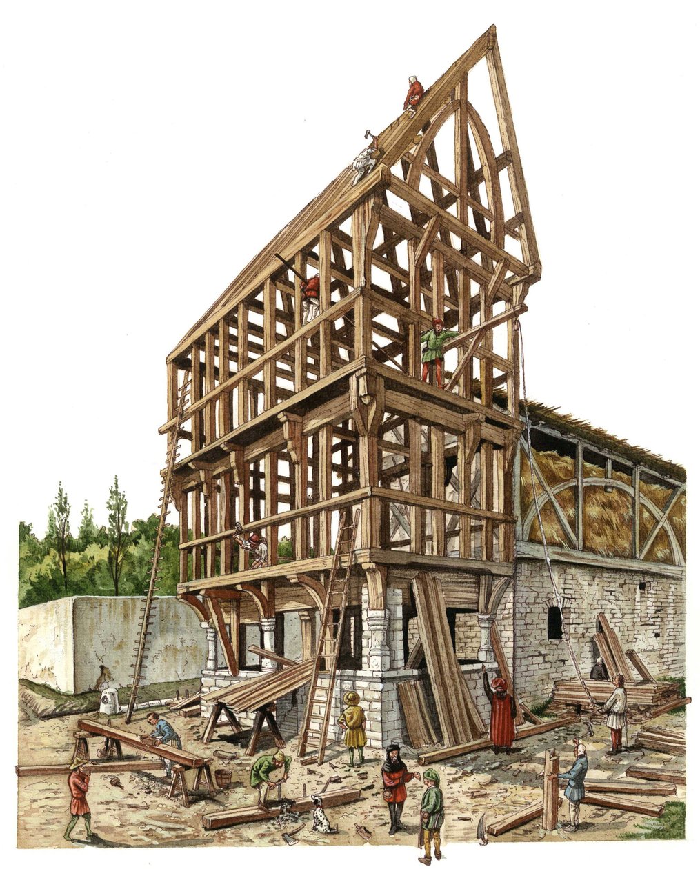 Idade Média: num estaleiro de construção numa região do norte de França, no século XIV, carpinteiros e marceneiros trabalham na estrutura de madeira de um celeiro. Ilustração de Giorgio Albertini. (A utilização das obras deste autor não está sujeita a um p de Giorgio Albertini